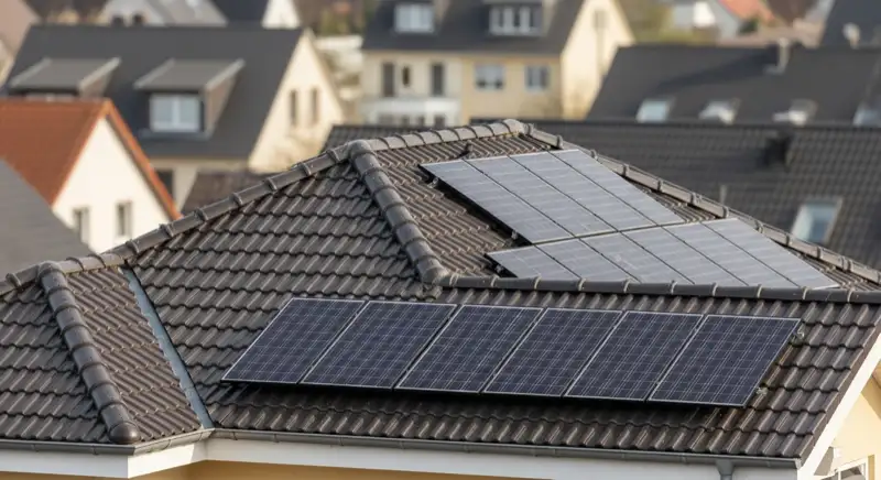 Solartechniker bei Wartungsarbeiten auf Wohnhausdach in Hilden mit Mess- und Prüfgeräten