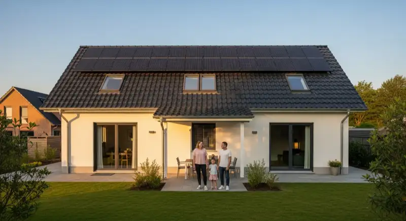 Einfamilienhaus mit Solaranlage in Hildesheim, typischer Hildesheimer Dachlandschaft, Hildesheimer Börde im Hintergrund