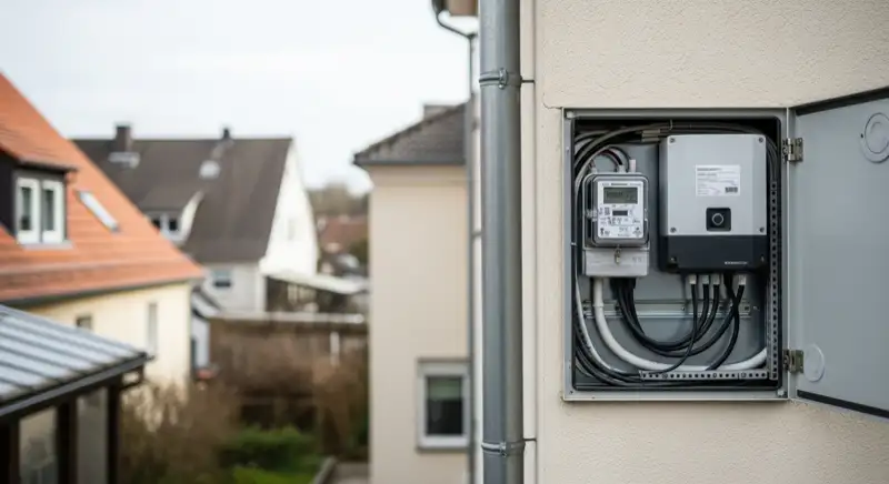 Modern German electrical meter cabinet (Zählerschrank) with smart meter and solar inverter connection, clean technical installation