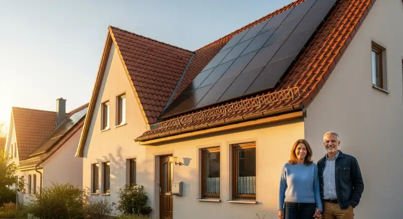 Familie vor Hildesheimer Eigenheim mit Solaranlage auf dem Dach