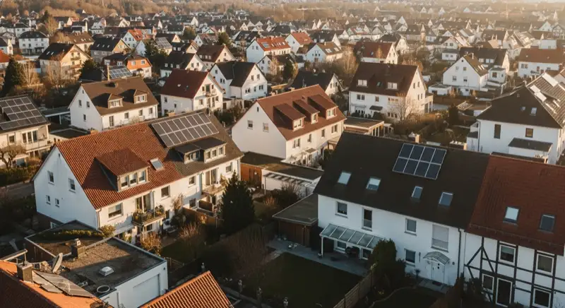 Aerial drone view of typical German residential neighborhood with mixed roof types, red and dark roof tiles, gardens visible, sunny day