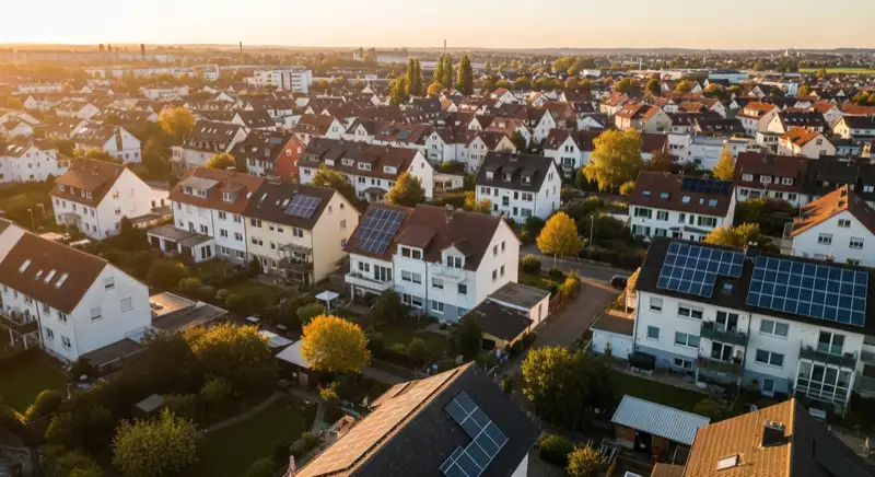 Aerial drone view of typical German residential neighborhood with mixed roof types, red and dark roof tiles, gardens visible, sunny day