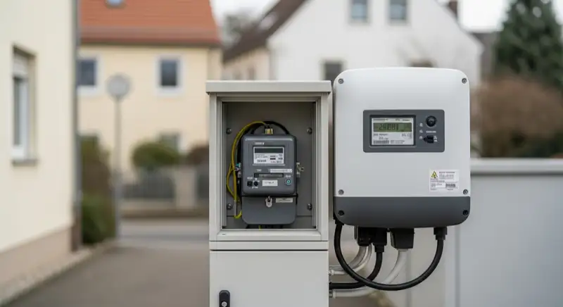 Modern German electrical meter cabinet (Zählerschrank) with smart meter and solar inverter connection, clean technical installation