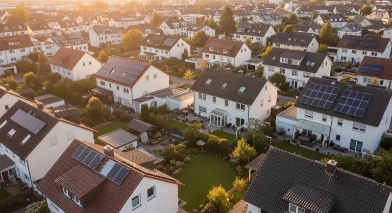 Aerial drone view of typical German residential neighborhood with mixed roof types, red and dark roof tiles, gardens visible, sunny day