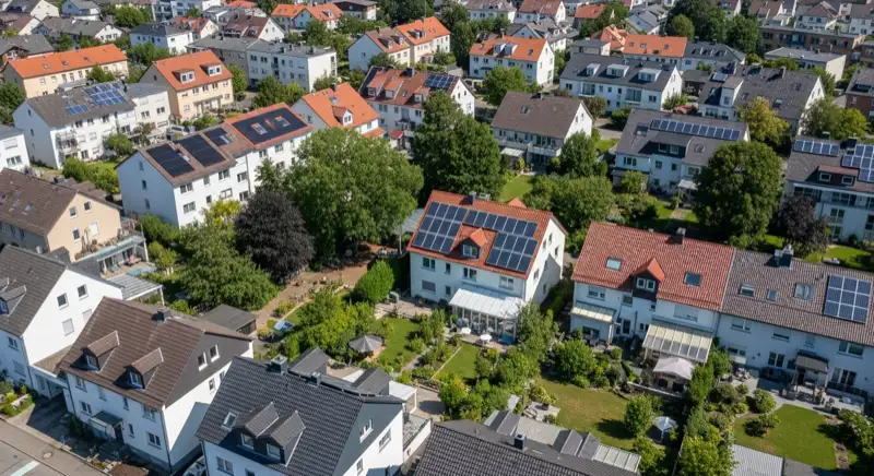 Aerial drone view of typical German residential neighborhood with mixed roof types, red and dark roof tiles, gardens visible, sunny day
