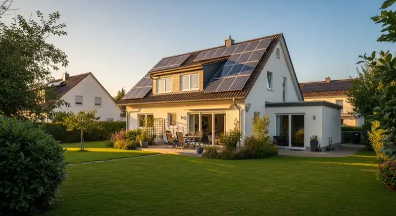 German detached house (Einfamilienhaus) with photovoltaic panels on pitched roof, well-maintained garden, warm afternoon sunlight