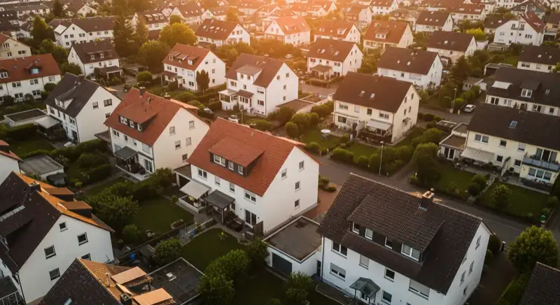 Aerial drone view of typical German residential neighborhood with mixed roof types, red and dark roof tiles, gardens visible, sunny day