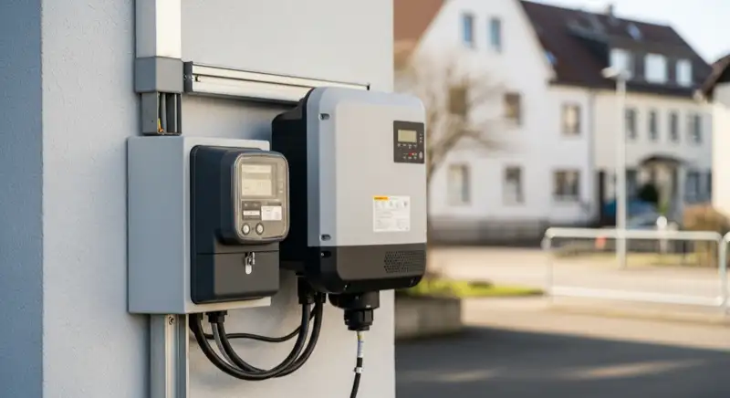 Modern German electrical meter cabinet (Zählerschrank) with smart meter and solar inverter connection, clean technical installation