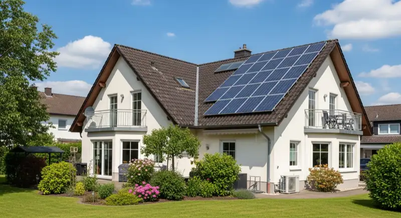 Modern German electrical meter cabinet (Zählerschrank) with smart meter and solar inverter connection, clean technical installation