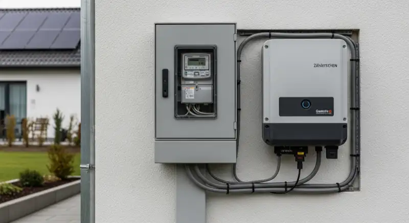 Modern German electrical meter cabinet (Zählerschrank) with smart meter and solar inverter connection, clean technical installation