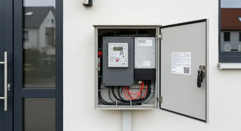 Modern German electrical meter cabinet (Zählerschrank) with smart meter and solar inverter connection, clean technical installation
