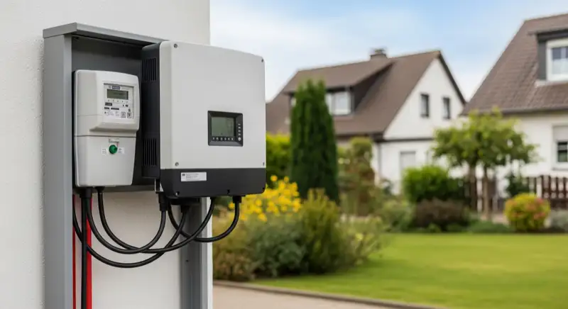 Modern German electrical meter cabinet (Zählerschrank) with smart meter and solar inverter connection, clean technical installation