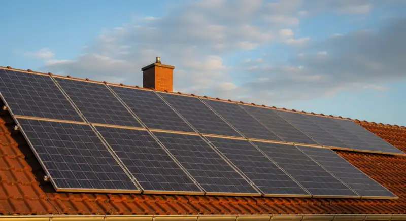 Close-up of photovoltaic solar panels installed on a traditional German Satteldach (gabled roof), blue sky with some clouds