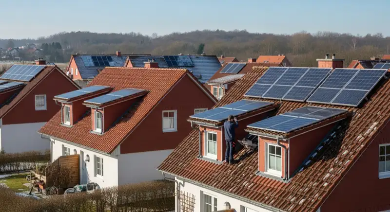 Installateur prüft ein Solardach in winterlicher Hanglage bei Ilmenau