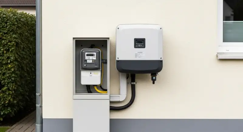 Modern German electrical meter cabinet (Zählerschrank) with smart meter and solar inverter connection, clean technical installation