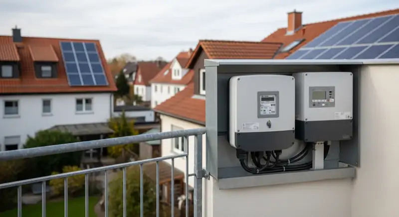 Modern German electrical meter cabinet (Zählerschrank) with smart meter and solar inverter connection, clean technical installation