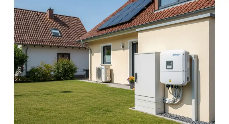 Modern German electrical meter cabinet (Zählerschrank) with smart meter and solar inverter connection, clean technical installation