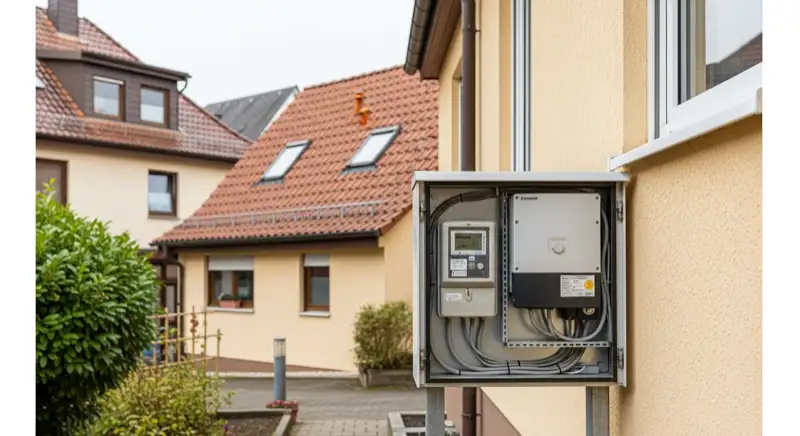 Modern German electrical meter cabinet (Zählerschrank) with smart meter and solar inverter connection, clean technical installation