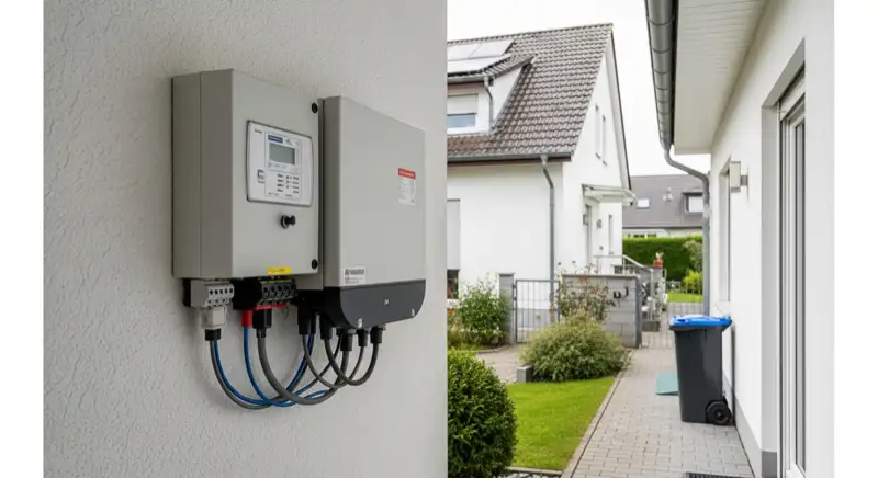 Modern German electrical meter cabinet (Zählerschrank) with smart meter and solar inverter connection, clean technical installation