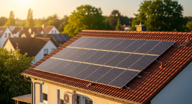 Ziegeldach mit Solaranlage in einer rheinhessischen Wohnlage bei klarem Wetter