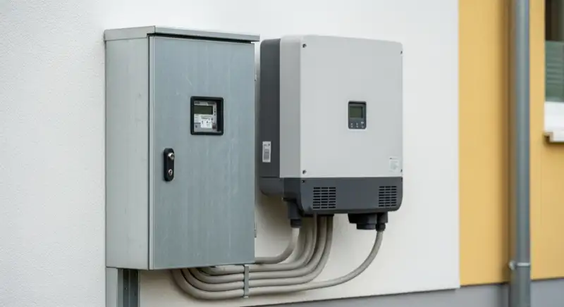 Modern German electrical meter cabinet (Zählerschrank) with smart meter and solar inverter connection, clean technical installation