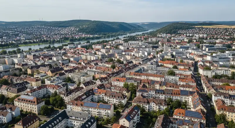 Jenaer Wohngebiet mit Solardächern, Backsteinarchitektur
