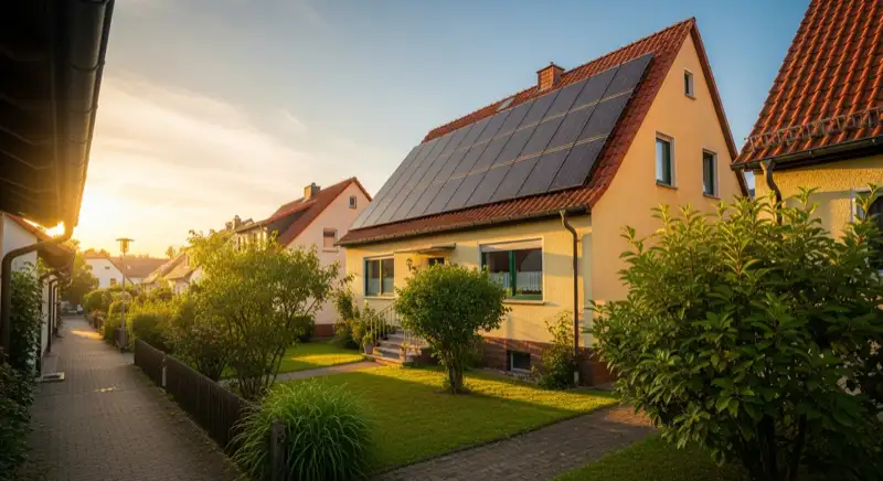 Familie vor Jenaer Eigenheim mit Solaranlage auf dem Dach