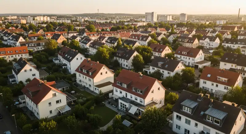 Aerial drone view of typical German residential neighborhood with mixed roof types, red and dark roof tiles, gardens visible, sunny day