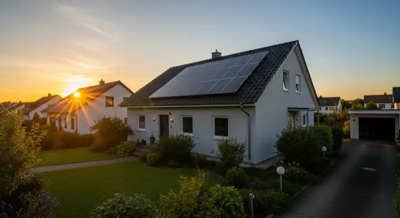 Einfamilienhaus mit Solaranlage in Kaiserslautern, typische deutsche Wohnarchitektur, Lauter im Hintergrund