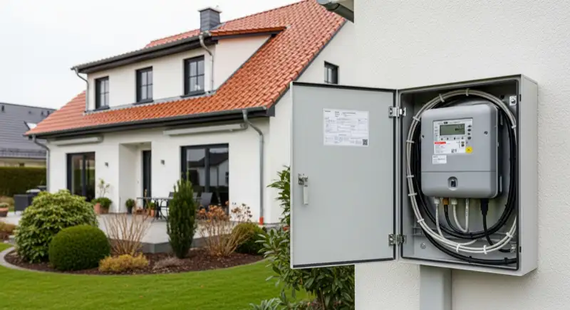 Modern German electrical meter cabinet (Zählerschrank) with smart meter and solar inverter connection, clean technical installation