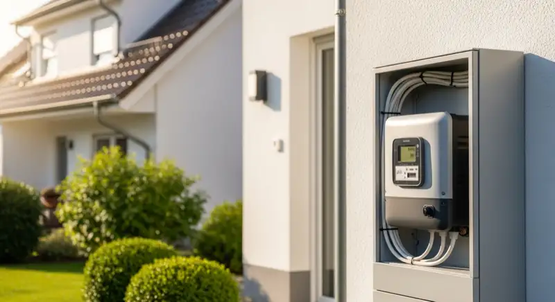 Modern German electrical meter cabinet (Zählerschrank) with smart meter and solar inverter connection, clean technical installation