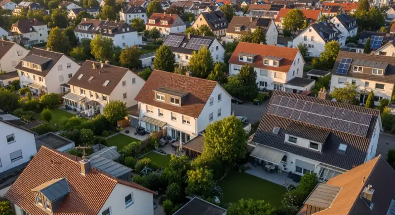 Aerial drone view of typical German residential neighborhood with mixed roof types, red and dark roof tiles, gardens visible, sunny day