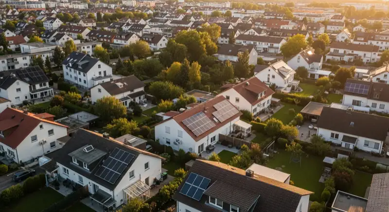 Aerial drone view of typical German residential neighborhood with mixed roof types, red and dark roof tiles, gardens visible, sunny day
