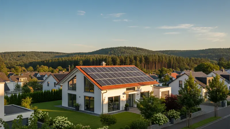 Einfamilienhaus mit Solaranlage in Karlsruhe, Fächerstadt-Architektur mit Schwarzwald im Hintergrund