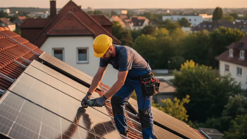 Solarinstallateur bei der Montage auf einem Karlsruher Dach bei Sonnenschein