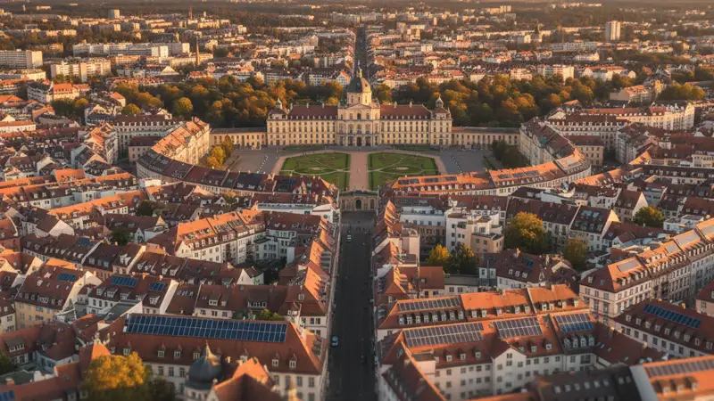 Panoramablick über Karlsruhe mit Solardächern, Fächerstadt-Grundriss sichtbar