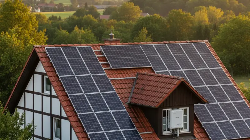 Solarmodule auf einem Ziegeldach in Karlsruhe, Nahaufnahme der Installation