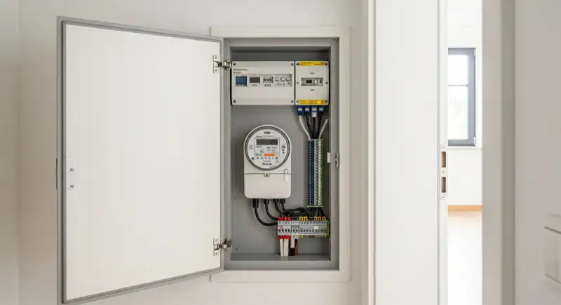 Modern German electrical meter cabinet (Zählerschrank) with smart meter and solar inverter connection, clean technical installation