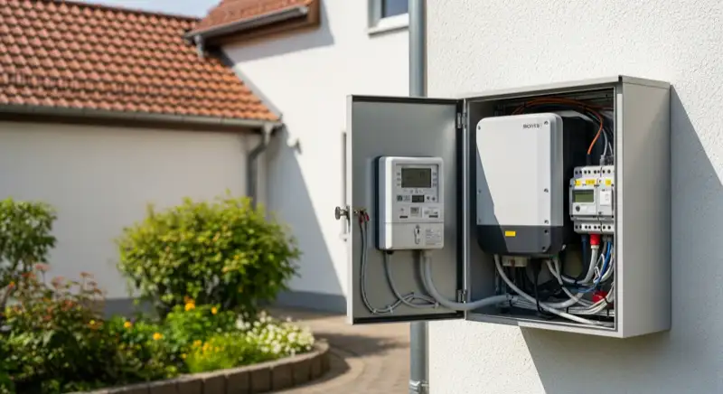 Modern German electrical meter cabinet (Zählerschrank) with smart meter and solar inverter connection, clean technical installation