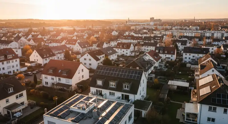 Aerial drone view of typical German residential neighborhood with mixed roof types, red and dark roof tiles, gardens visible, sunny day
