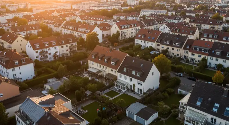 Aerial drone view of typical German residential neighborhood with mixed roof types, red and dark roof tiles, gardens visible, sunny day