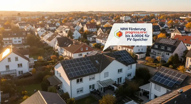 Aerial drone view of typical German residential neighborhood with mixed roof types, red and dark roof tiles, gardens visible, sunny day