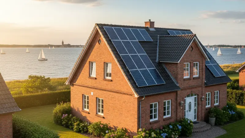 Einfamilienhaus mit Solaranlage auf dem Dach in Kiel, Kieler Förde und Ostsee im Hintergrund, norddeutsche Backsteinarchitektur