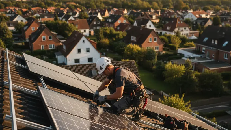 Solarinstallateur bei der Montage von Photovoltaikmodulen auf einem Dach in Kiel