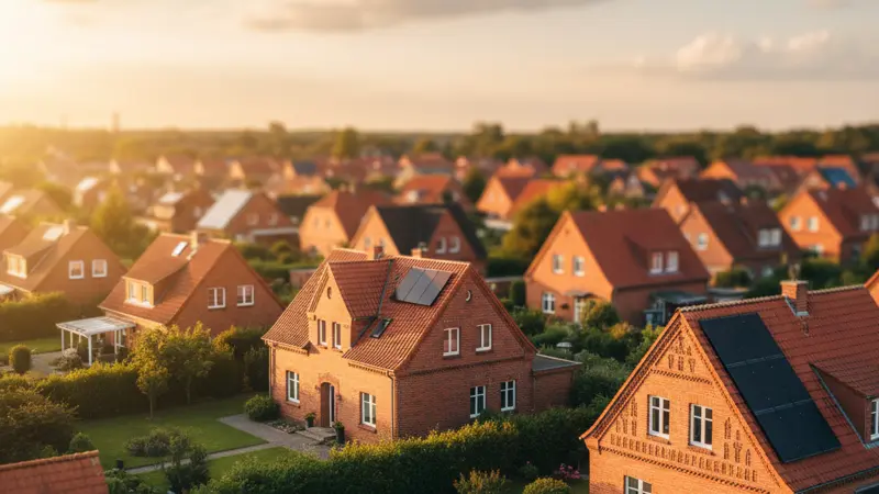 Kieler Wohnviertel mit Einfamilienhäusern und Solaranlagen auf den Dächern, norddeutsche Backsteinarchitektur