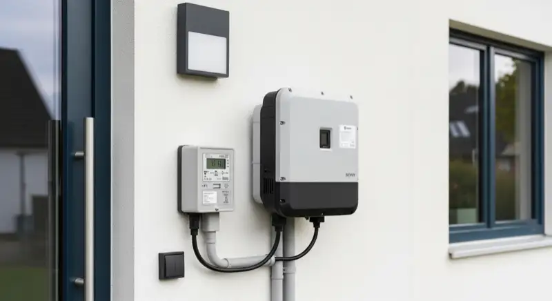 Modern German electrical meter cabinet (Zählerschrank) with smart meter and solar inverter connection, clean technical installation