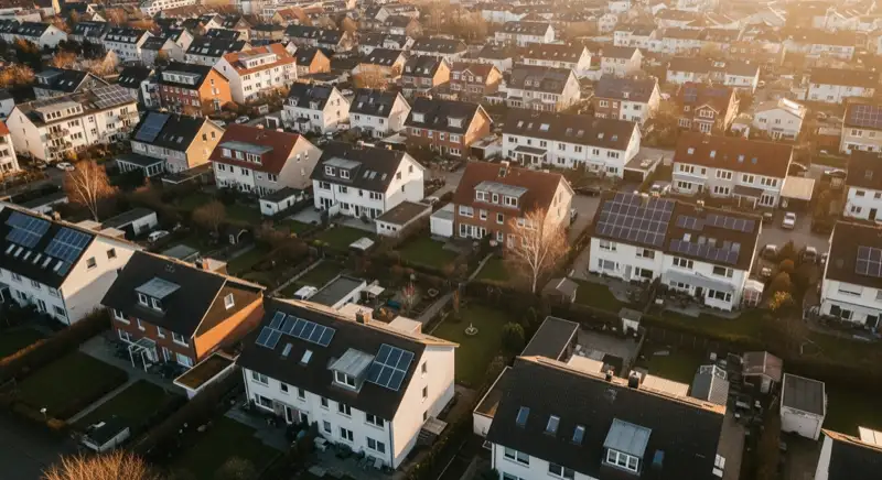 Aerial drone view of typical German residential neighborhood with mixed roof types, red and dark roof tiles, gardens visible, sunny day