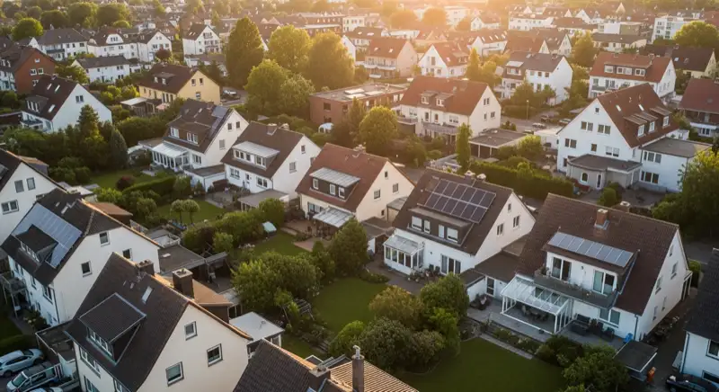 Aerial drone view of typical German residential neighborhood with mixed roof types, red and dark roof tiles, gardens visible, sunny day