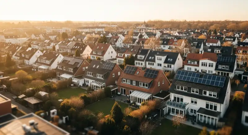 Aerial drone view of typical German residential neighborhood with mixed roof types, red and dark roof tiles, gardens visible, sunny day