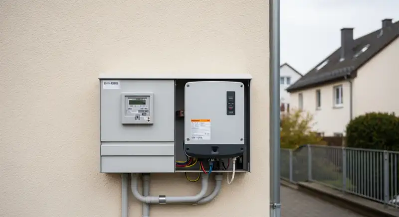 Modern German electrical meter cabinet (Zählerschrank) with smart meter and solar inverter connection, clean technical installation